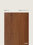 A wood finish swatch card showing a vertical grain pattern of acacia wood in a natural oil finish, with text labels 'Wood Acacia' and 'Finish Natural Oil' on a light beige background.

